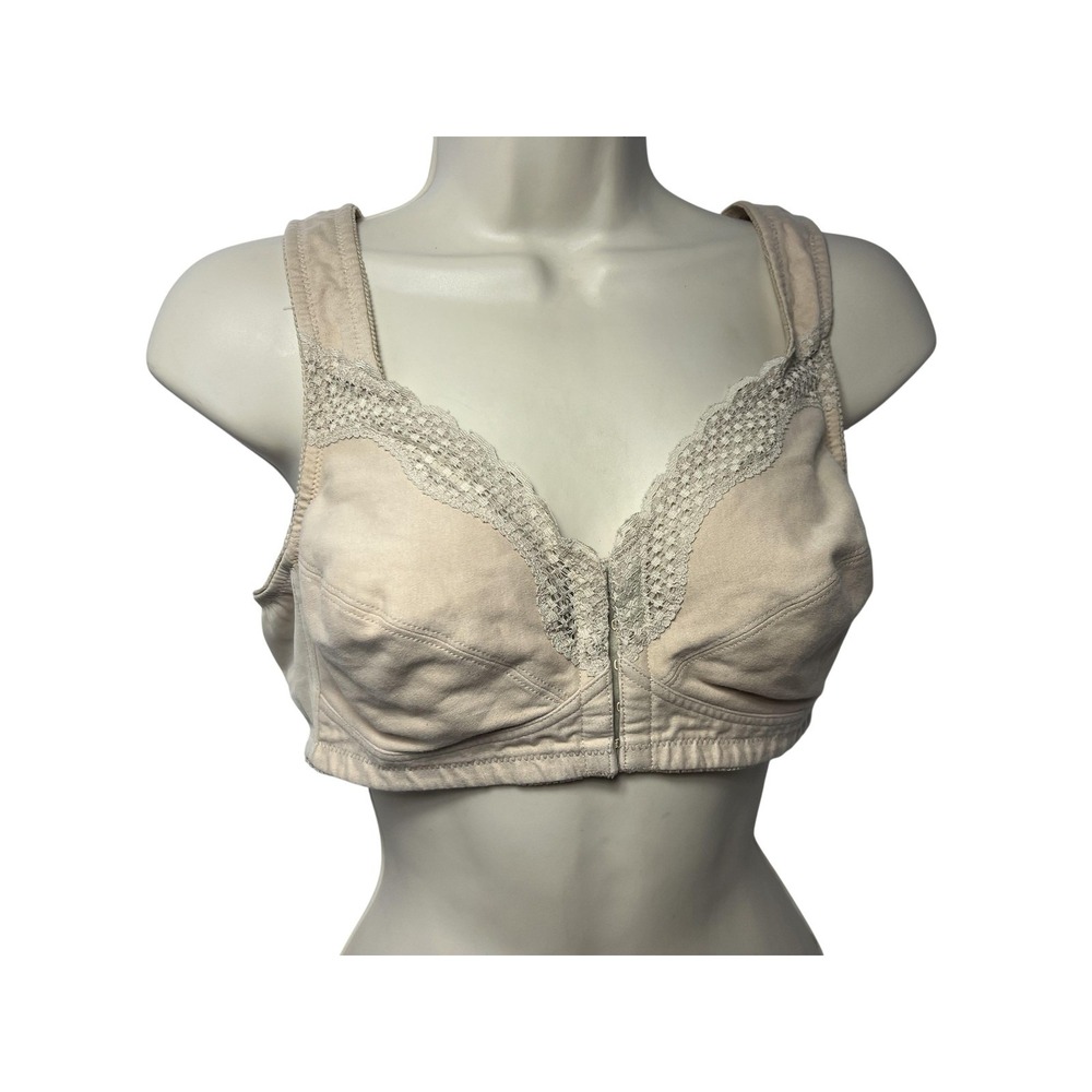 Exquisite Form Bra Womens 38B Beige Lace Longline Wireless Front Close Unpadded